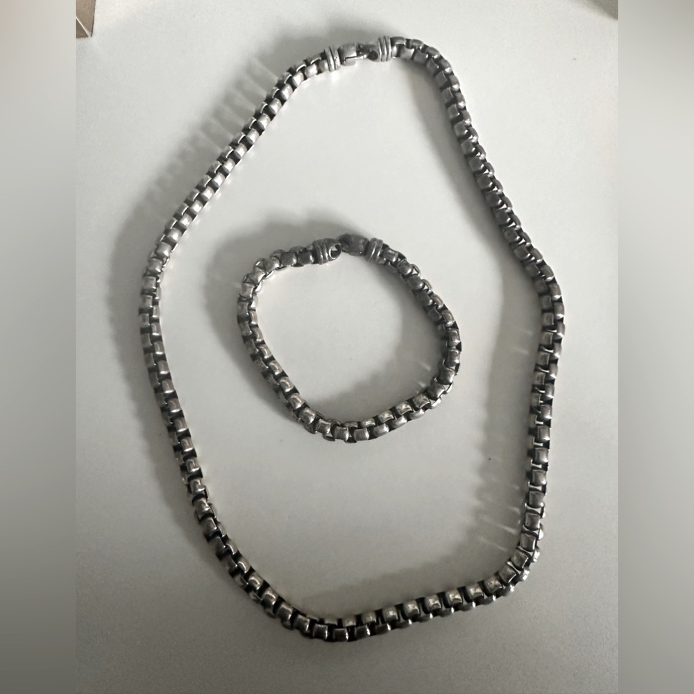 David Yurman Silver Box Link. Chain & Matching Bracelet Set.